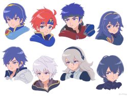  2girls 6+boys ancestor_and_descendant armor black_hairband blue_eyes blue_hair blue_headband cape chrom_(fire_emblem) closed_mouth commentary_request emblem_(fire_emblem_engage) father_and_child father_and_daughter female_corrin_(fire_emblem) fire_emblem fire_emblem:_mystery_of_the_emblem fire_emblem:_path_of_radiance fire_emblem:_the_binding_blade fire_emblem:_three_houses fire_emblem_awakening fire_emblem_engage fire_emblem_fates green_headband grey_hair hairband headband highres ike_(fire_emblem) long_hair lucina_(fire_emblem) male_byleth_(fire_emblem) male_robin_(fire_emblem) marth_(fire_emblem) multiple_boys multiple_girls parent_and_child pointy_ears portrait red_hair ro061yy roy_(fire_emblem) short_hair shoulder_armor smile tiara white_hair 