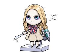  android angry blonde_hair blue_eyes chibi commentary_request dress eyelashes figure highres m3gan m3gan_(character) makita_(brand) misogram nail_gun nendoroid power_tool ribbon robot_girl science_fiction translation_request white_background 