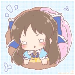  1girl :< blue_background blue_bow blue_dress blush_stickers bow brown_hair chibi doughnut dress food frilled_bow frills hair_bow highres idolmaster idolmaster_cinderella_girls in_food long_hair mini_person minigirl mitarashi_neko notice_lines parted_lips plaid_background puffy_short_sleeves puffy_sleeves short_sleeves solo tachibana_arisu triangle_mouth v-shaped_eyebrows wide_oval_eyes 