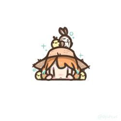  1girl :< baby_animal bird blush_stickers brown_hat chibi chibi_only chick closed_mouth commentary decrilus english_commentary green_streaks hat highres hololive hololive_english looking_at_viewer multicolored_hair nanashi_mumei orange_hair short_hair simple_background solo sparkle straw_hat streaked_hair takanashi_kiara twitter_username virtual_youtuber white_background 