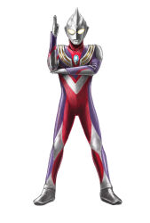  1boy absurdres alien chest_guard color_timer colored_skin commentary compound_eyes crystal dorsal_fin forehead_jewel full_body giant giant_male glowing glowing_eyes hands_up highres legs_apart looking_at_viewer male_focus multicolored_skin no_pupils pectorals purple_skin red_skin silver_skin simple_background solo standing straight-on tokusatsu tomoaki55500013 toned toned_male ultra_beam ultra_series ultraman_tiga ultraman_tiga_(multi_type) ultraman_tiga_(series) white_background white_eyes wrinkled_skin 
