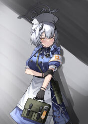  1girl absurdres apron armband bag black_gloves blue_archive blue_dress blush braid breasts buttons closed_mouth commentary demon_girl demon_horns double-breasted dress frown gloves green_bag grey_background grey_hair grey_halo half_up_braid halo hand_on_own_arm hat highres holding holding_bag horns kimsuwan2013 large_breasts looking_at_viewer medium_hair nurse_cap puffy_short_sleeves puffy_sleeves sena_(blue_archive) short_sleeves solo v-shaped_eyebrows waist_apron white_apron white_armband yellow_eyes 