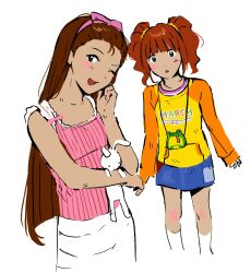  0104mq ;d blue_skirt breasts hairband highres holding holding_stuffed_toy idolmaster idolmaster_(classic) idolmaster_1 long_hair long_sleeves looking_at_viewer minase_iori miniskirt one_eye_closed open_mouth orange_hair orange_sleeves pink_hairband pink_shirt shirt short_hair simple_background skirt sleeveless sleeveless_shirt smile standing stuffed_animal stuffed_rabbit stuffed_toy takatsuki_yayoi twintails usa-chan_(idolmaster) white_background white_skirt yellow_shirt 