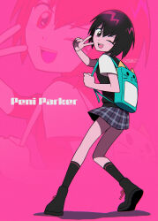  1girl absurdres animal_bag backpack bag black_eyes black_hair black_shoes black_socks black_vest blush_stickers cat_bag character_name commentary_request full_body hair_between_eyes highres looking_at_viewer looking_back marvel menma_(enaic31) miniskirt one_eye_closed open_mouth peni_parker pink_background plaid_clothes plaid_skirt school_uniform shirt shoes short_hair signature skirt socks solo spider-man:_into_the_spider-verse spider-man_(series) spider-verse teeth upper_teeth_only v vest white_shirt zoom_layer 