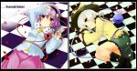  checkered checkered_floor eyeball green_eyes hairband hat heart heart_of_string highres komeiji_koishi komeiji_satori multiple_girls pink_eyes purple_hair short_hair siblings silver_hair sisters third_eye toichi touhou 