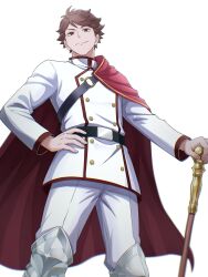  1boy 2_m_m brown_eyes brown_hair buttons closed_mouth commentary_request from_below haikyuu!! hand_on_own_shoulder highres jacket male_focus oikawa_tooru_(haikyuu!!) pants prince short_hair simple_background solo standing white_background white_jacket white_pants 
