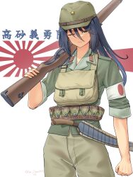  1girl absurdres ammunition_pouch arisaka bolt_action collar_tabs commentary english_commentary flag_armband green_hat green_jacket green_pants gun hat highres holding holding_gun holding_weapon imperial_japanese_army jacket japanese_flag japanese_flag_armband japanese_flag_background leochan1202 military_combat_uniform military_rank_insignia military_uniform mixed-language_commentary multilingual_commentary one_eye_closed original pants pouch rifle rising_sun_flag sunburst sword translation_request twitter_username weapon world_war_ii yellow_eyes 