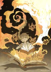  1girl artist_name blonde_hair book bookmark burning demizu_posuka fire highres long_braid one_eye_closed open_book original shadow shirt spiral white_shirt 