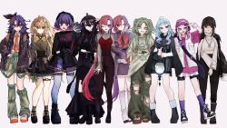  6+girls ahoge alternate_costume aqua_hair arm_warmers bag bandaid bandaid_on_face bandaid_on_nose bare_legs belt beret black_arm_warmers black_belt black_bow black_eyes black_hair black_jacket black_pants black_shirt black_shoes black_skirt blonde_hair blue_boots blue_hat blue_skirt blue_thighhighs boots bow bracelet braid brown_corset brown_eyes brown_jacket brown_overskirt brown_shoes brown_socks cat_charm corset cross_hair_ornament deren_(path_to_nowhere) detached_pants dudu_(path_to_nowhere) earrings emoji_hair_ornament etti_(path_to_nowhere) frilled_skirt frilled_sleeves frills fur-trimmed_jacket fur_trim gold_bracelet gold_necklace green_bow green_eyes green_hair green_overalls green_shirt green_shorts hair_between_eyes hair_ornament hairclip hand_on_own_face hat hat_tug headphones heart heart_o-ring highres holding holding_lantern holding_phone holding_removed_eyewear jacket jacket_on_shoulders jewelry k.k._(path_to_nowhere) lantern letta_(path_to_nowhere) long_hair long_sleeves luvia_ray_(path_to_nowhere) lynn_(path_to_nowhere) mess_(path_to_nowhere) midriff multicolored_hair multicolored_shoes multiple_braids multiple_girls necklace necktie o-ring o-ring_thigh_strap one_eye_closed orange_eyes orange_necktie orange_shoes overalls pants parallel_hairclips path_to_nowhere phone pink_bow pink_eyes pink_hair pink_hat pink_shirt plaid_clothes plaid_shirt plaid_skirt pocket purple_bag purple_corset purple_hair purple_pants purple_shirt purple_skirt purple_socks red_tank_top ribbed_shirt sasanami_hideri scar scar_across_eye scar_on_face see-through_clothes see-through_shirt see-through_skirt shirt shoes short_hair shorts skirt socks tank_top thigh-highs thigh_strap tooth_necklace torn_clothes torn_pants two-tone_hair two-tone_shoes unworn_eyewear vest violet_eyes wendy_(path_to_nowhere) white_boots white_hair white_vest white_wrist_cuffs wrist_cuffs yellow_bow yellow_shirt yellow_shoes 