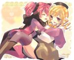  beret blonde_hair bow charlotte_(madoka_magica) closed_eyes drill_hair eyes_closed fingerless_gloves gloves hat hug kosuzume long_hair mahou_shoujo_madoka_magica multiple_girls personification pink_hair puffy_sleeves short_twintails smile thigh-highs thighhighs tomoe_mami tongue twintails yellow_eyes 