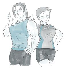  1boy 1girl bike_shorts blue_shirt blush breasts colored_skin commentary_request cropped_legs dancho_no_mori drying genderswap genderswap_(ftm) genderswap_(mtf) hand_on_own_hip highres holding holding_towel large_breasts long_hair looking_at_viewer muscular one_eye_closed open_mouth ponytail shirt short_hair shorts simple_background sleeveless sleeveless_shirt smile sportswear t-shirt tank_top tight_clothes towel v very_short_hair volleyball_uniform white_background white_skin wii_fit wii_fit_trainer_(female) wii_fit_trainer_(male) 