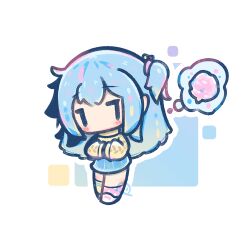  1girl asymmetrical_legwear blue_hair blue_skirt blush chibi chibi_only commentary cotton_candy decrilus double-parted_bangs english_commentary full_body highres jitome long_hair long_sleeves mismatched_legwear no_mouth original pink_shoes pink_socks pleated_skirt polka_dot polka_dot_socks shirt shoes sidelocks skirt socks solo speech_bubble spoken_food standing striped_clothes striped_socks thought_bubble two_side_up yellow_shirt yellow_socks 