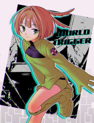  1girl absurdres boots brown_hair closed_mouth commentary_request copyright_name green_boots green_eyes hair_intakes highres knee_boots konami_kirie looking_at_viewer menma_(enaic31) short_hair smile solo twitter_username world_trigger 