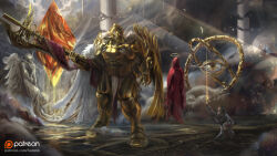  ambiguous_gender angel angel_wings arm_up armor baby bardiche_(weapon) breastplate broken_pillar carrying carrying_baby carrying_person cloak cuirass english_commentary gauntlets gold_halo greaves grey_cloak halo hammk helmet holding holding_polearm holding_weapon kneeling light_rays original patreon_logo patreon_username pillar polearm red_cloak sabaton standing stone_pillar sunbeam sunlight vambraces weapon wings 