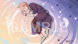  1boy black_choker black_shirt bracelet brown_pants choker closed_eyes coat copyright_notice fetal_position gears holostars jewelry lying male_focus musical_note necklace official_art on_side pants pink_hair purple_coat rikka_(1st_costume)_(holostars) rikka_(holostars) sample_watermark shirt shoes single_sleeve sleeves_rolled_up solo star_(symbol) sweater teito_(0w0kuma) undershirt virtual_youtuber watermark white_shoes white_sweater 