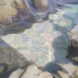  absurdres character_request check_copyright commentary copyright_request day hatsburg highres len'en onsen outdoors painterly rock scenery shadow silhouette untranslatable_commentary 