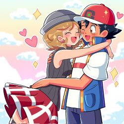  1boy 1girl ash_ketchum black_hair black_hat blue_jacket blush brown_hair closed_eyes hat heart hetero highres hug jacket manysart1 one_eye_closed open_clothes open_jacket pokemon pokemon_(anime) pokemon_journeys red_hat red_skirt serena_(pokemon) shirt skirt sleeveless white_shirt 