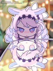  1girl :< ahoge animal_ears closed_mouth commentary_request denia_(wuthering_waves) different_reflection game_screenshot_background hair_ornament highres it's_all_a_matter_of_angle_(meme) kemonomimi_mode korean_commentary long_hair meme mono_(mono_mon) purple_hair rabbit_ears rabbit_girl reflection screenshot_background twitter_username v-shaped_eyebrows violet_eyes wuthering_waves 