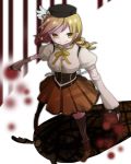  beret blonde_hair boots breasts bright123 charlotte_(madoka_magica) detached_sleeves drill_hair fingerless_gloves gloves hair_ornament hat large_breasts mahou_shoujo_madoka_magica pleated_skirt shadow skirt smile thigh-highs thighhighs tomoe_mami yellow_eyes 