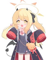  1girl animal_bag armband black_coat black_dress black_horns black_tail black_wings blue_archive blush candy coat collared_shirt crime_prevention_buzzer demon_girl demon_horns demon_tail demon_wings dress fang food halo highres holding holding_candy holding_food holding_lollipop horns ibuki_(blue_archive) lollipop long_hair long_sleeves low_wings neck_ribbon open_mouth pinafore_dress red_armband red_ribbon ribbon shirousagi_(user_erwx7425) shirt simple_background skin_fang sleeveless sleeveless_dress sleeves_past_fingers sleeves_past_wrists smile solo tail twintails white_background white_shirt wings yellow_eyes yellow_halo 