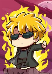  1boy aura black_coat black_pants black_shirt blonde_hair chibi chibi_only coat cosplay covered_eyes expressionless fate/final_journey fate/grand_order fate_(series) fighting_stance fujimaru_ritsuka_(male) neo_(the_matrix) neo_(the_matrix)_(cosplay) official_art open_clothes open_coat pants riyo_(lyomsnpmp) shirt short_hair solo_focus sunglasses super_saiyan the_matrix third-party_source 