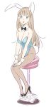  blue_eyes blush bowtie breasts brown_hair bunny_ears bunny_tail bunnysuit cleavage copyright_request hairband high_heels long_hair nishieda open_mouth pantyhose shoes simple_background sitting solo stool tail wrist_cuffs 