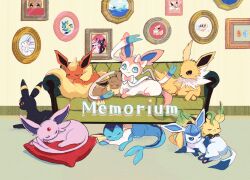 :3 animal_focus banchiku black_eyes black_fur blue_eyes blue_fur bow bright_pupils brown_fur commentary_request couch curled_up eevee espeon facial_mark fins fish_tail flareon forehead_jewel forehead_mark full_body glaceon green_fur head_fins highres jolteon leaf leafeon looking_at_another neck_fur no_humans on_couch one_eye_closed orange_fur pawpads picture_frame pink_fur pokemon pokemon_(creature) pokemon_focus purple_fur red_eyes ribbon sidelocks simple_background sitting sleeping spiked_tail sylveon tail umbreon vaporeon white_fur white_pupils yellow_background yellow_fur 