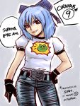  ? artist_request belt belt_buckle blue_eyes blue_hair casual cirno contemporary cosplay crossover english fusion gloves jeans parody pun sam_stone sam_stone_(cosplay) serious_sam solo t-shirt touhou ã¢â€˜â¨ â‘¨ 