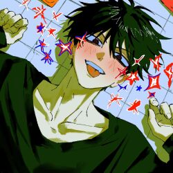  1boy @_@ bags_under_eyes black_eyes black_hair black_shirt blush collarbone dutch_angle fang fingernails grin hair_between_eyes half-closed_eyes hands_up highres kaneko_shouichirou_(woooooo_t) looking_at_viewer lying male_focus messy_hair on_back original shadow shirt short_hair smile solo sparkle tareme tile_floor tiles tongue tongue_out upper_body v-shaped_eyebrows white_background woooooo_t 