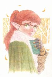  1girl autumn_leaves bare_tree black_gloves blunt_bangs book brown_hair brown_jacket cloak closed_mouth colored_pencil_(medium) commentary_request earrings elf falling_leaves from_side fur-trimmed_cloak fur-trimmed_gloves fur_trim gloves green_cloak green_eyes hand_up highres holding holding_book jacket jewelry leaf long_hair looking_at_viewer looking_to_the_side original outdoors pointy_ears ponytail red-framed_eyewear semi-rimless_eyewear shin_iroenpitsu smile solo stud_earrings traditional_media tree upper_body 