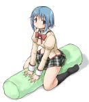  blue_eyes blue_hair blush body_pillow bow fechirin kneehighs kneeling mahou_shoujo_madoka_magica miki_sayaka pillow school_uniform short_hair simple_background solo straddle 