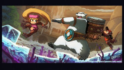  1girl 2boys animal_feet baseball_cap bashmaster_(donkey_kong) battle bear blonde_hair diddy_kong dixie_kong donkey_kong_(series) donkey_kong_country:_tropical_freeze furry furry_female furry_male gears2gnomes hammer hat holding holding_hammer ice ice_cube letterboxed monkey monkey_tail multiple_boys open_mouth pink_hat pink_shirt polar_bear shirt signature tail 