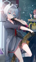  3girls :/ :q absurdres black_gloves black_hat black_jacket black_shirt black_skirt blonde_hair blue_archive blue_eyes blue_halo blush chalkboard clothes_around_waist demon_girl demon_horns demon_tail demon_wings erika_(blue_archive) expressionless gloves gun_between_thighs hair_between_eyes halo hand_on_own_shoulder hand_up hands_up hat highres horns ibuki_(blue_archive) indoors jacket jacket_around_waist kirara_(blue_archive) kneehighs leg_up licking_lips long_hair medium_hair miniskirt multiple_girls pink_eyes pink_hair pleated_skirt shiroyu shirt skirt smile socks solo_focus standing standing_on_one_leg tail thighs tongue tongue_out weapon_between_legs white_hair white_halo wings yellow_halo 