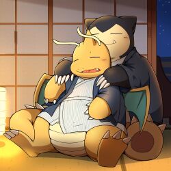  blush claws closed_eyes closed_mouth dragonite fang fang_out highres horns japanese_clothes kimono lantern on_floor open_mouth paper_lantern pokemon pokemon_(creature) shouji single_horn sitting sleeping sliding_doors snorlax tatami tatu_wani wings yukata 