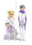  blonde_hair blue_hair bouquet bride crossdressinging dress elbow_gloves flower formal gloves groom headphones highres kagamine_len kaito male multiple_boys nononono scarf short_hair stool suit thigh-highs thighhighs vocaloid wedding wedding_dress 