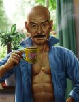  abs bald cigarette cup facial_hair jewelry male matataku mustache necklace open_clothes original pig plant ring solo wrinkled_skin 
