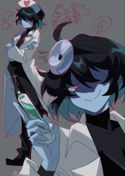  1other black_hair blue_skin blush coat colored_skin deltarune doctor hat head_mirror highres holding holding_syringe kris_(dark_world)_(deltarune) kris_(deltarune) kris_(takecare)_(deltarune) lab_coat multicolored_hair nurse_cap official_alternate_costume other_focus red_eyes satoro301 short_hair simple_background smile solo solo_focus syringe two-tone_hair utdr_(toby_fox) white_coat 