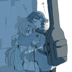  2girls ahoge backpack bag bocchi_the_rock! cellphone commentary earrings guitar_case holding holding_phone hug ijichi_nijika instrument_case instrument_case_on_back jacket jewelry long_hair multiple_girls phone ree_(re-19) short_hair smartphone stud_earrings translation_request twitter_username yamada_ryo yuri 