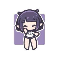  1girl ^_^ barefoot blunt_bangs blush chibi chibi_only closed_eyes commentary decrilus english_commentary facing_viewer full_body hand_up highres hololive hololive_english ninomae_ina'nis ninomae_ina'nis_(loungewear) no_mouth pointy_ears purple_hair purple_shorts shirt short_hair short_shorts short_sleeves shorts sidelocks solo standing virtual_youtuber white_shirt 