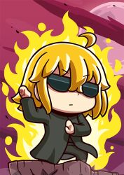  1girl ahoge aura black_coat black_pants blonde_hair chibi chibi_only coat command_spell cosplay covered_eyes expressionless fate/final_journey fate/grand_order fate_(series) fighting_stance fujimaru_ritsuka_(female) hair_between_eyes medium_hair neo_(the_matrix) neo_(the_matrix)_(cosplay) official_art pants riyo_(lyomsnpmp) semi-circular_eyewear solo sunglasses super_saiyan the_matrix third-party_source 