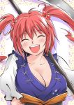  :d blush breasts cleavage closed_eyes eyes_closed hair_bobbles hair_ornament happy large_breasts onozuka_komachi open_mouth pink_hair red_hair redhead scythe short_hair smile solo taguchi_makoto touhou twintails weapon 