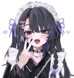  1girl black_choker black_dress black_eyes black_hair black_nails blush bow braid choker collarbone dot_nose dress fang fingernails hair_between_eyes hair_ornament heart heart_hair_ornament highres long_hair maid nail_polish open_mouth original piercing portrait purple_bow simple_background skull_hair_ornament solo star_(symbol) star_hair_ornament teeth text_hair_ornament tongue_piercing twin_braids twintails upper_teeth_only v wabun white_background 