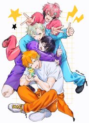  >_< 4boys absurdres akagi_wen alternate_costume bandaid bandaid_on_knee bandaid_on_leg black_hair blonde_hair blue_jacket blue_pants closed_eyes clothes_around_waist commentary full_body hair_between_eyes hibachi_mana highres jacket jacket_around_waist khr kirin-chan_(usami_rito) male_focus multicolored_hair multiple_boys nijisanji one_eye_closed open_clothes open_jacket open_mouth orange_hair orange_pants oriens_(nijisanji) pants pink_hair pink_jacket pink_pants purple_jacket purple_shorts saiki_ittetsu sharp_teeth shirt short_hair short_sleeves shorts simple_background sitting smile standing streaked_hair teeth thumbs_up untranslatable_commentary usami_rito v virtual_youtuber w white_background white_shirt 