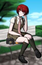  1girl absurdres bench black_shoes blue_sky camera closed_eyes closed_mouth clouds collared_shirt commentary commission danganronpa_(series) danganronpa_2:_goodbye_despair day dress english_commentary eyelashes freckles full_body fulltimeangel13 green_dress green_socks highres kneehighs koizumi_mahiru komatsuzaki_rui_(style) necktie official_style on_bench outdoors pinafore_dress plaid_clothes plaid_necktie red_hair shadow shirt shoelaces shoes short_hair short_sleeves sitting sky sleeveless sleeveless_dress smile socks solo tree very_short_hair white_shirt 