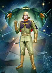  absurdres beard belt bigro boots character_request combat_helmet commentary_request commission facial_hair gloves gundam helmet highres manly mecha military_rank_insignia military_uniform misogram mobile_armor mobile_suit_gundam nebula one-eyed pixiv_commission robot science_fiction space spacecraft star_(sky) zanzibar_(space_shuttle) zeon 