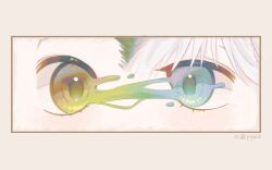  2boys artist_name blue_eyes brown_eyes commentary_request eye_focus gon_freecss green_hair highres hunter_x_hunter killua_zoldyck korean_commentary looking_at_another male_focus multiple_boys pupul_k upper_body white_hair 