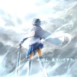  back blue_hair cape from_behind gloves highres magical_girl mahou_shoujo_madoka_magica miki_sayaka short_hair skirt skirt_lift snow solo sword teralimit thigh-highs thighhighs translated weapon wind zettai_ryouiki 