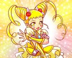  :d :p blonde_hair blush bow brooch cure_lemonade curly_hair double_bun dress earrings flower gloves hair_flower hair_ornament hair_ribbon happy jewelry kasugano_urara long_hair magical_girl omochi100ko open_mouth precure ribbon smile solo sparkle tongue twintails yellow yellow_background yellow_dress yellow_eyes yes!_precure_5 