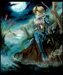  bandage bandages blonde_hair disguise harp instrument lake moon night nintendo ocarina_of_time outdoors red_eyes reverse_trap river scarf sheik solo surcoat the_legend_of_zelda water windowboxed yumeshima_sui 