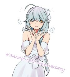  1girl ahoge alternate_costume anniversary braid brown_eyes commentary_request copyright_name dress grey_hair hair_over_eyes hair_ribbon hamanami_(kancolle) index_fingers_raised kantai_collection long_hair off-shoulder_dress off_shoulder ribbon simple_background single_braid solo tamu_(mad_works) white_background white_dress 